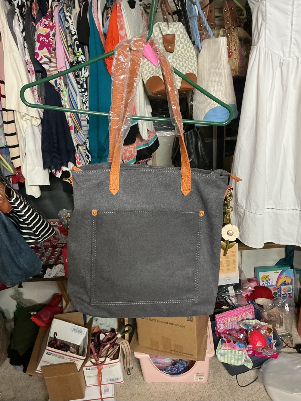 Everyday Gray Canvas Tote with Tan Handles CHARM IS NOT INCLUDED